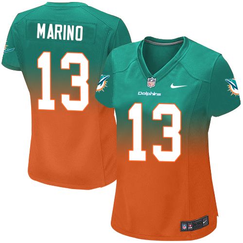 Women's Elite Dan Marino Nike Jersey Aqua Green/Orange - #13 Fadeaway NFL Miami Dolphins